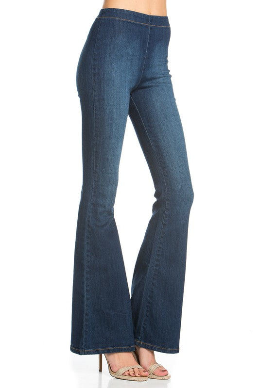 zipper back faded denim flare jeans pants