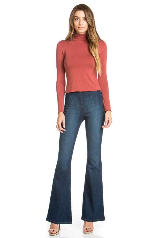 zipper back faded denim flare jeans pants