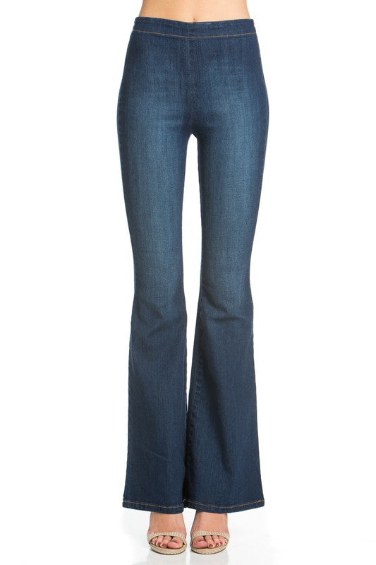 zipper back faded denim flare jeans pants