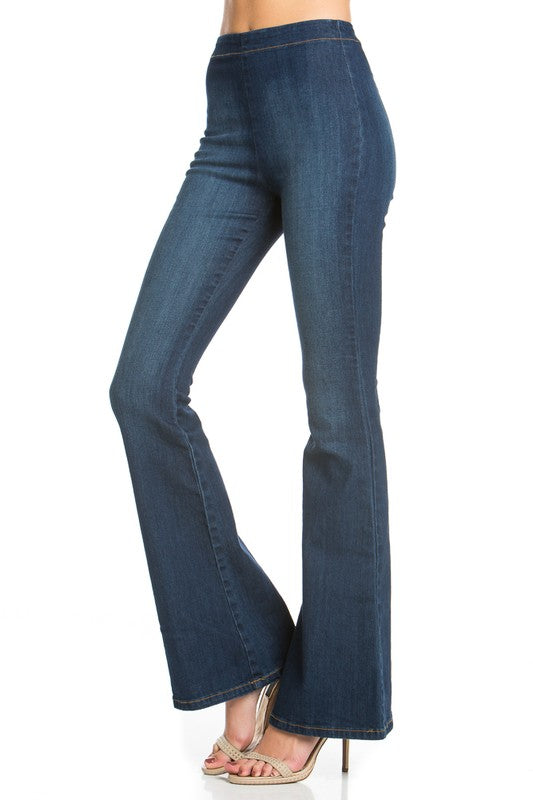 zipper back faded denim flare jeans pants