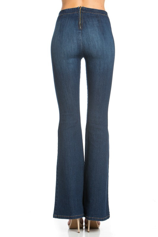 zipper back faded denim flare jeans pants