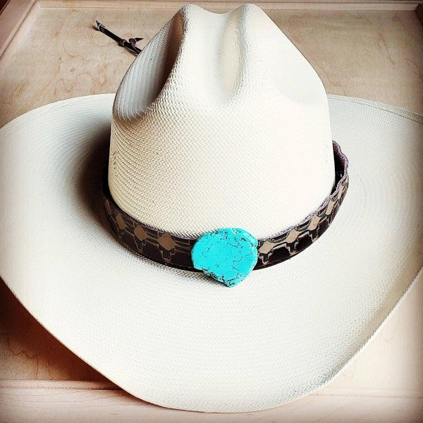 Navajo Embossed Leather Hat Band with Turquoise Slab
