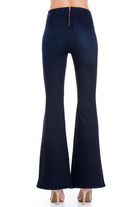 zipper back faded denim flare jeans pants