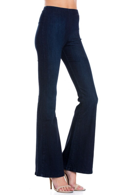 zipper back faded denim flare jeans pants