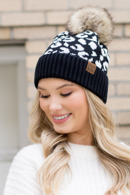 Leopard Fur Pom Beanie Hat
