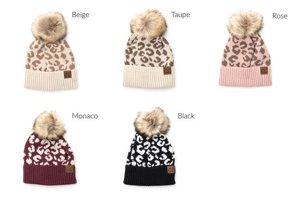 Leopard Fur Pom Beanie Hat
