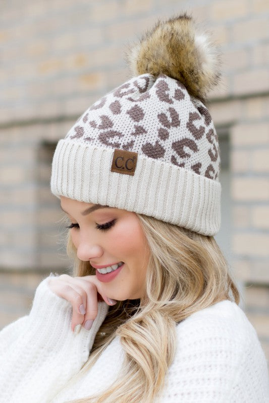 Leopard Fur Pom Beanie Hat