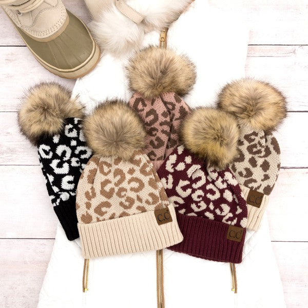 Leopard Fur Pom Beanie Hat
