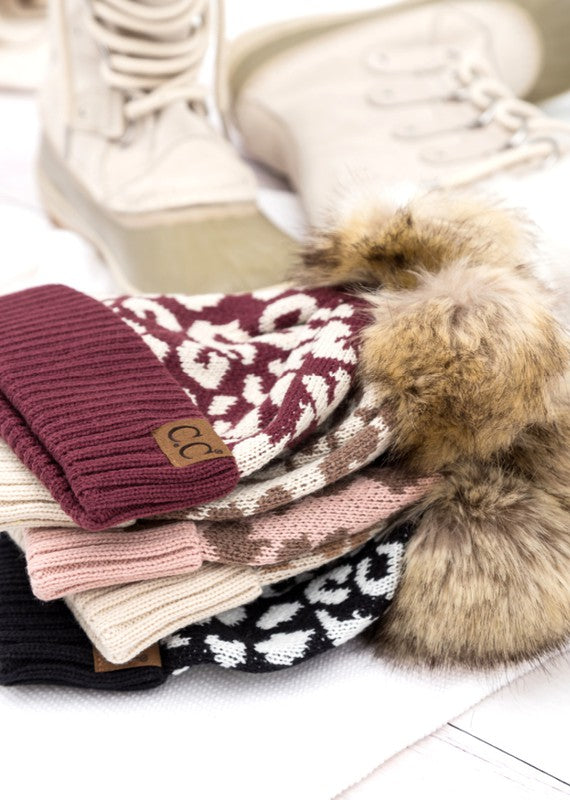Leopard Fur Pom Beanie Hat