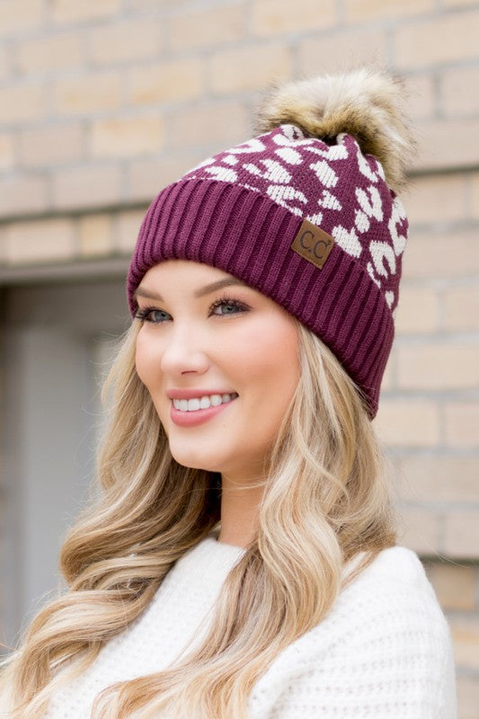 Leopard Fur Pom Beanie Hat