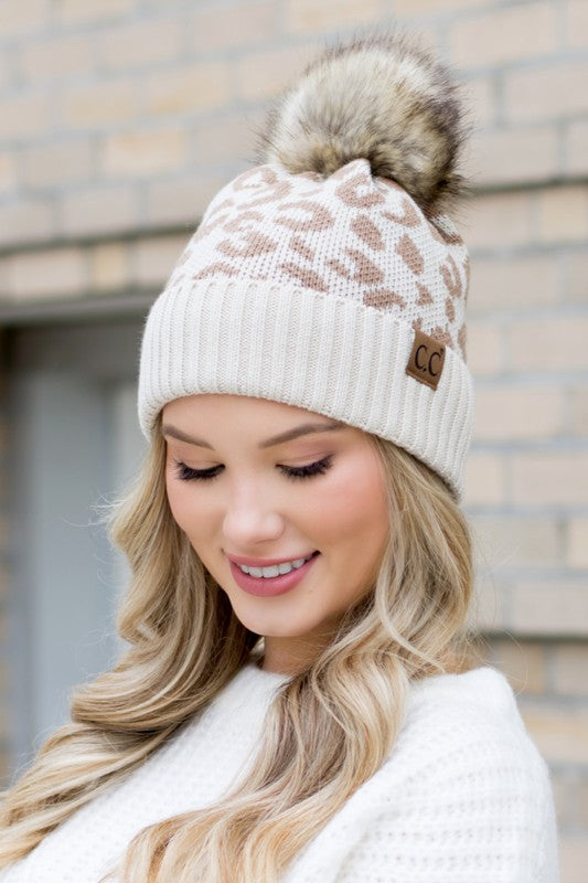 Leopard Fur Pom Beanie Hat