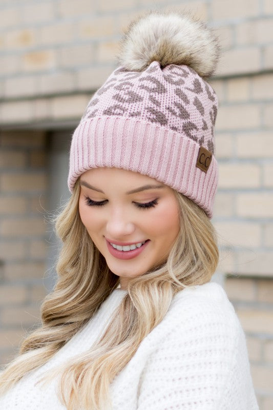 Leopard Fur Pom Beanie Hat