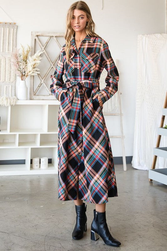 Plaid Belted Long Shirt Dress