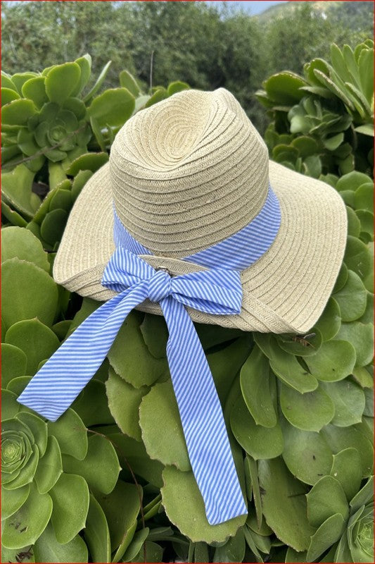 Fold Striped Bow Straw Hat White with Navy Band