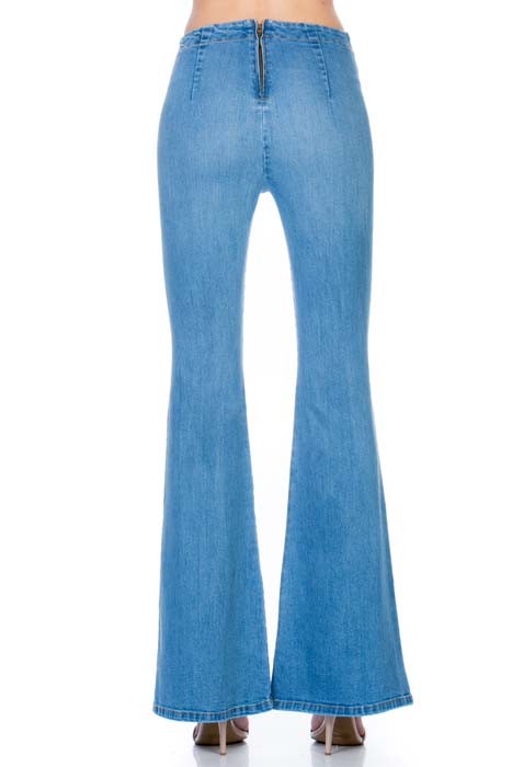 zipper back faded denim flare jeans pants