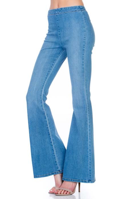 zipper back faded denim flare jeans pants