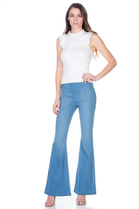 zipper back faded denim flare jeans pants