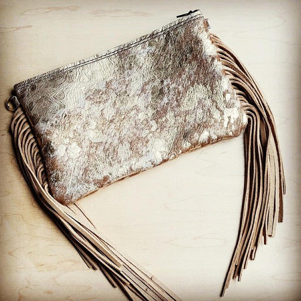 Tan and Gold Hair-on-Hide Leather Clutch Handbag
