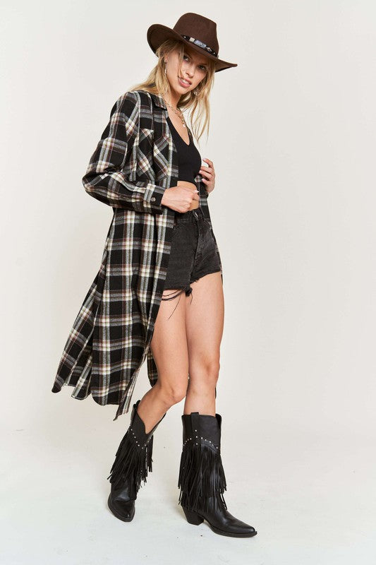 Plus Plaid Print Collar Long Shirt Dress