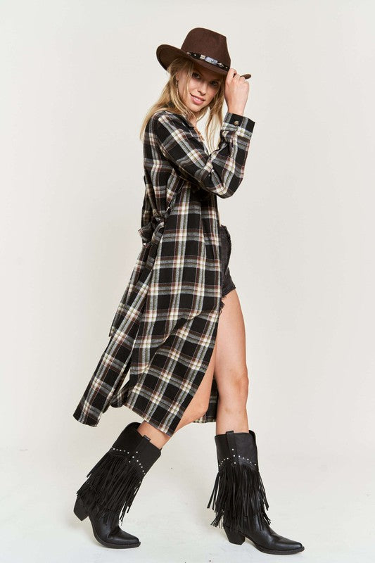 Plus Plaid Print Collar Long Shirt Dress