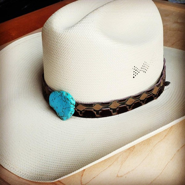 Navajo Embossed Leather Hat Band with Turquoise Slab