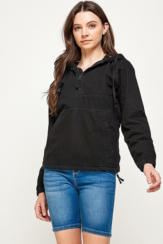 Denim Hoodie Half Zipper Closer