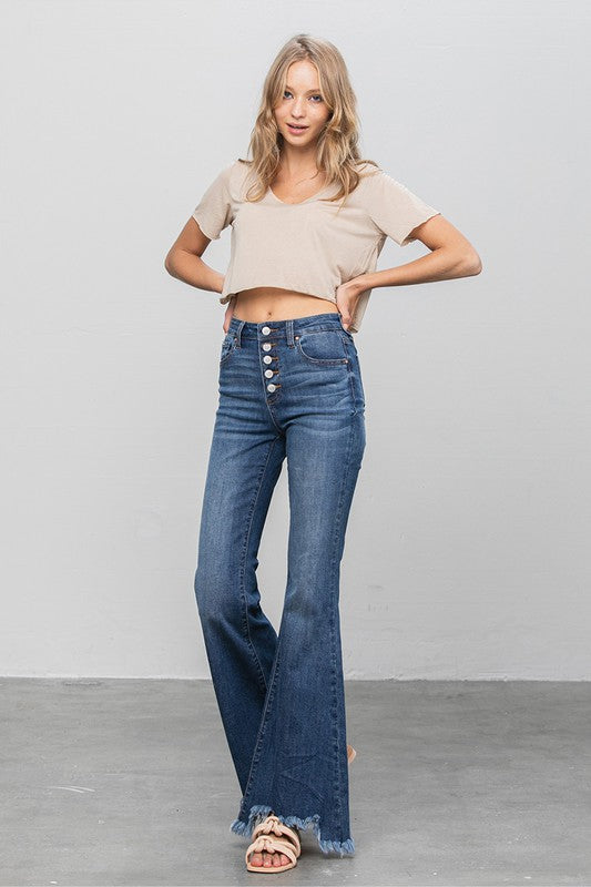 Button Fly Fray Hem Flare Jeans