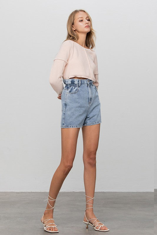 Super High Rise Elastic Waistband Denim Shorts