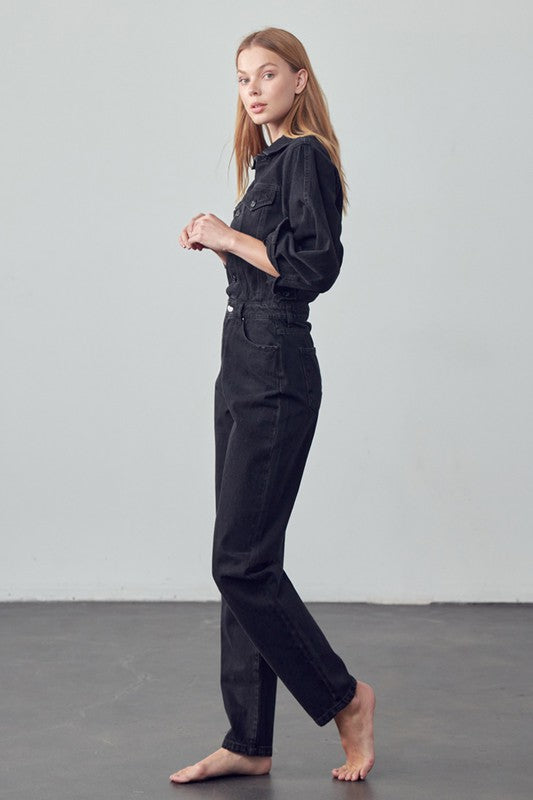 High Waist Flap Pocket Half Button Denim Jumpsuit