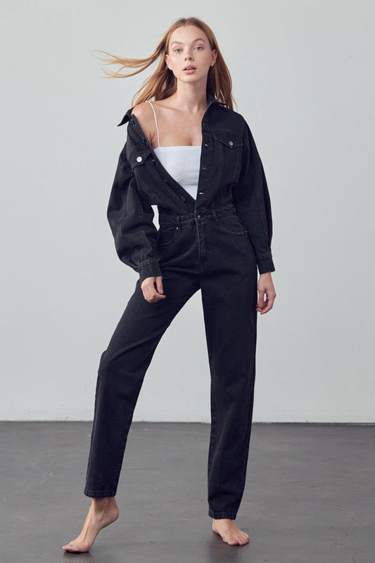 High Waist Flap Pocket Half Button Denim Jumpsuit