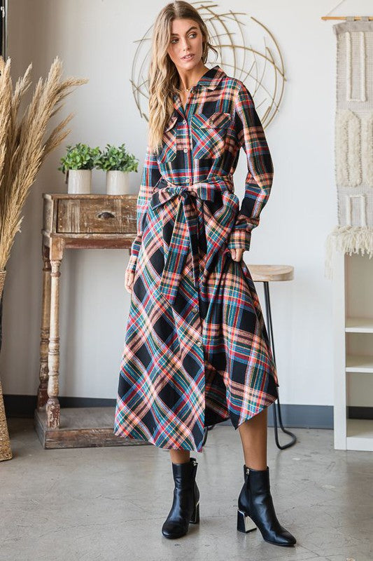 Plaid Belted Long Shirt Dress