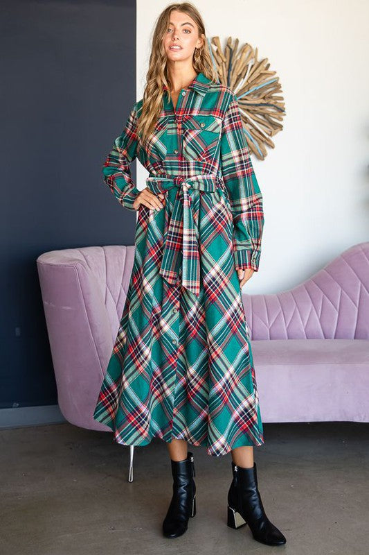 Plaid Belted Long Shirt Dress