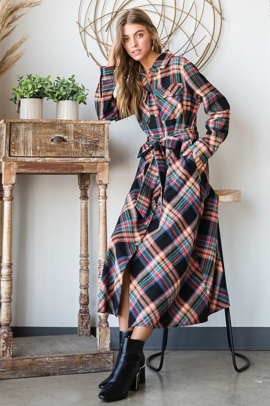 Plaid Belted Long Shirt Dress