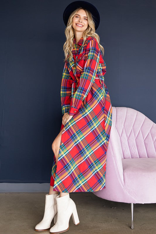 Plaid Belted Long Shirt Dress