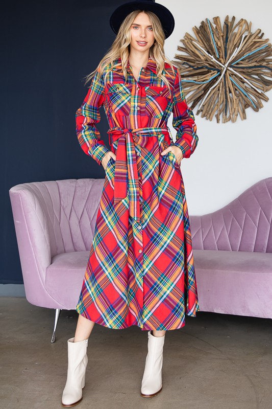 Plaid Belted Long Shirt Dress