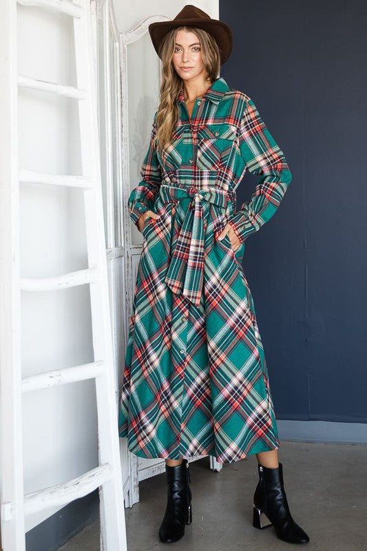 Plaid Belted Long Shirt Dress