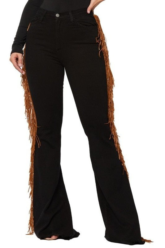 Black Bell Bottom Jean with Side Fringe Detail