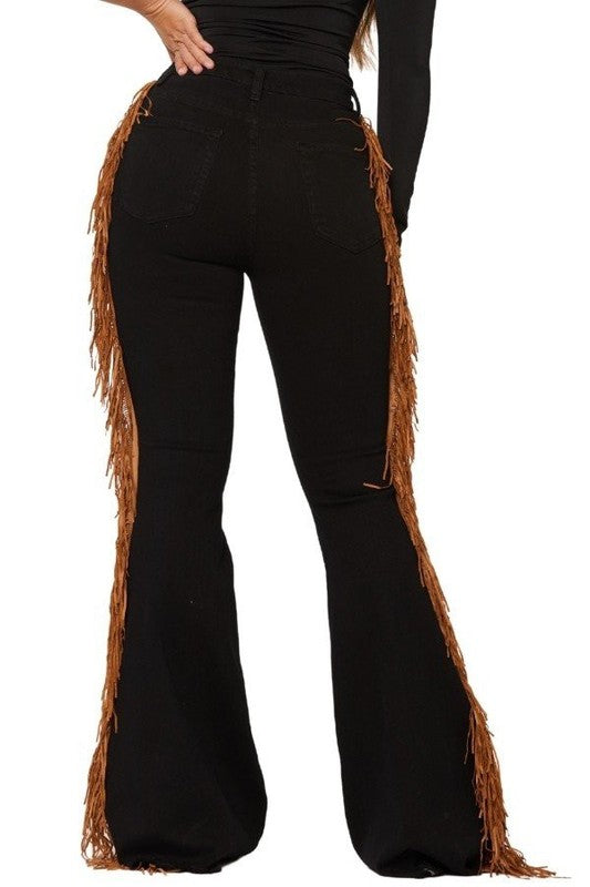 Black Bell Bottom Jean with Side Fringe Detail