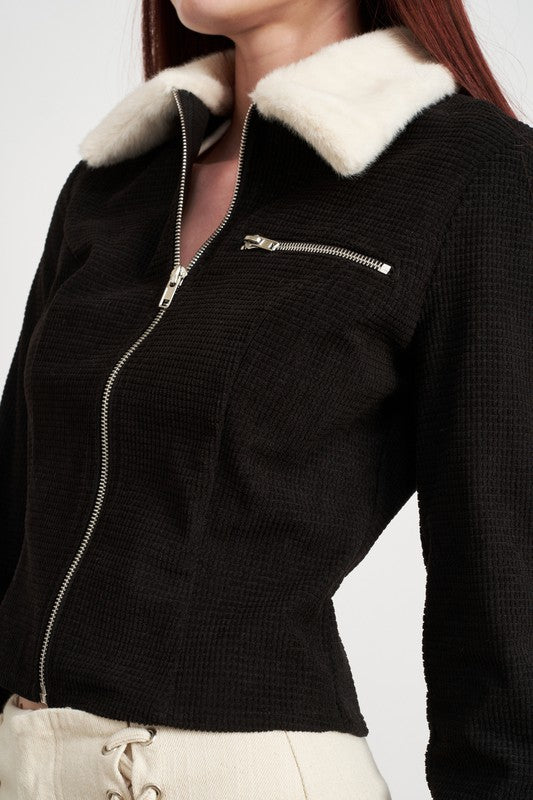 Contrasted Collar and Cuff Crop Jacket