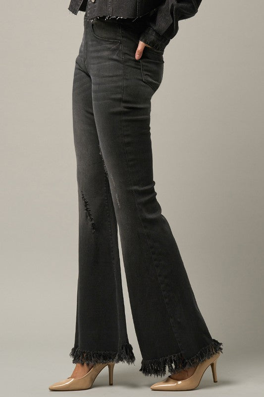 Elastic Banded Long Frayed Flare Jeans