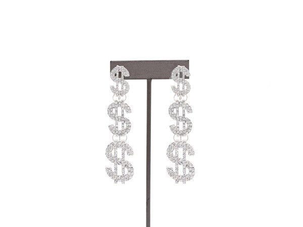 RHINESTONE MONEY SIGN DROP EARRINGS