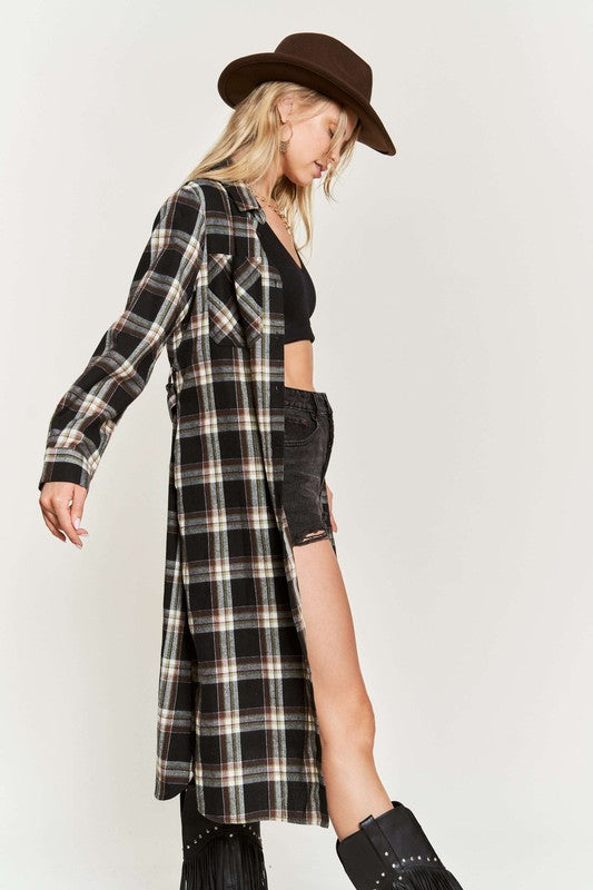 Plus Plaid Print Collar Long Shirt Dress