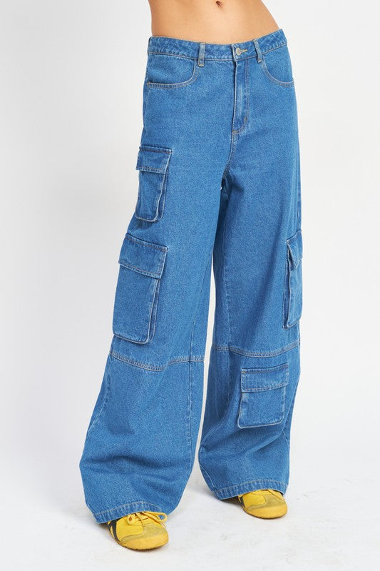 Wide Leg Denim Pants with Pockets