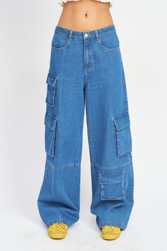 Wide Leg Denim Pants with Pockets