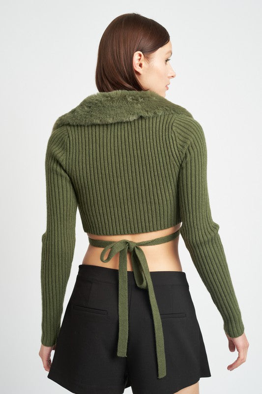 V Neck Cardigan with Fur Collar