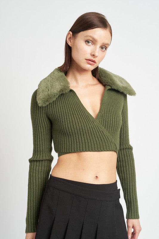 V Neck Cardigan with Fur Collar