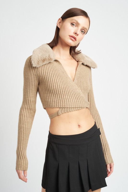 V Neck Cardigan with Fur Collar