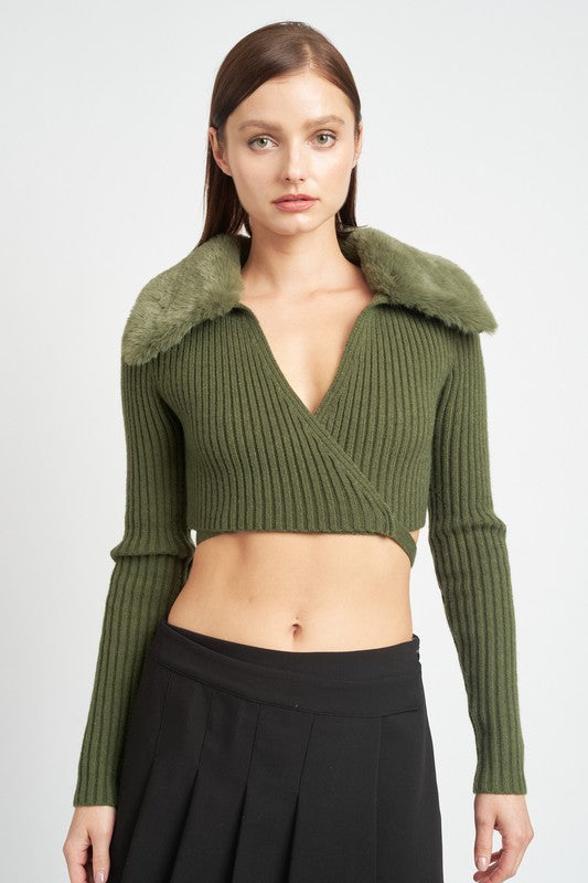 V Neck Cardigan with Fur Collar