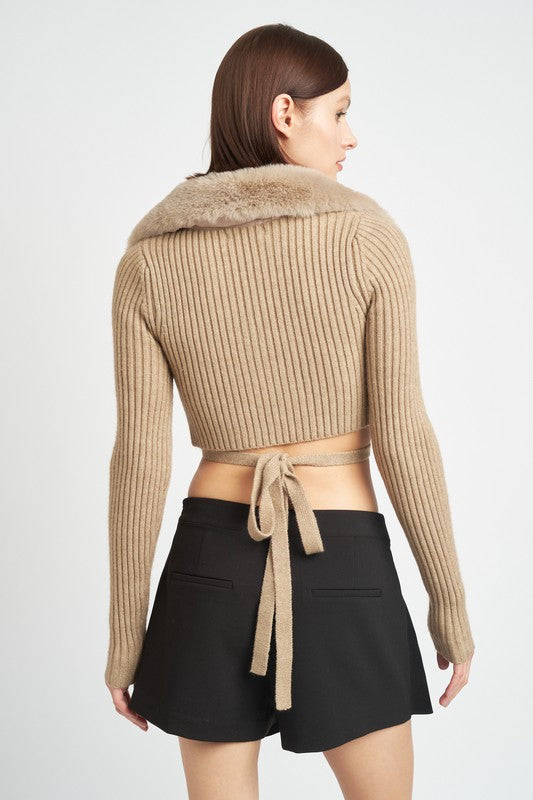 V Neck Cardigan with Fur Collar
