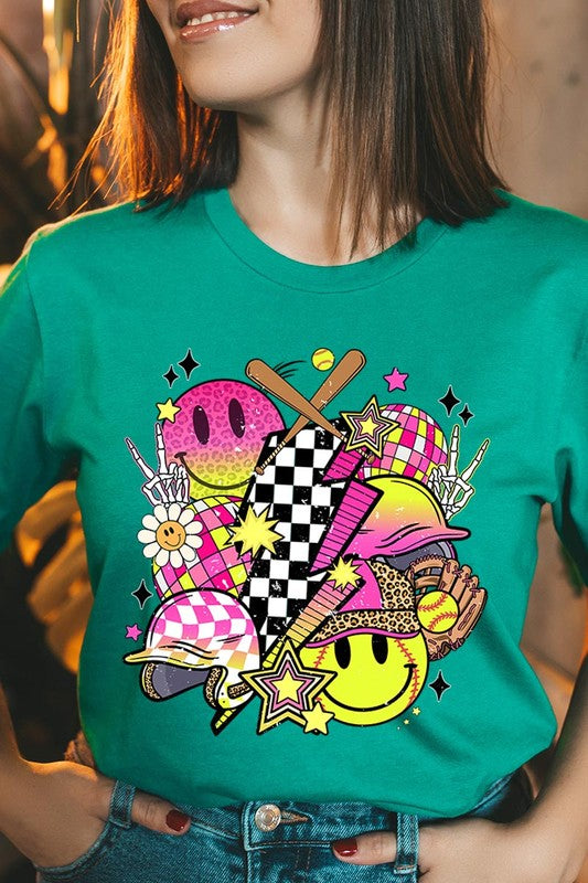 Retro Smile Face Softball Graphic T Shirts